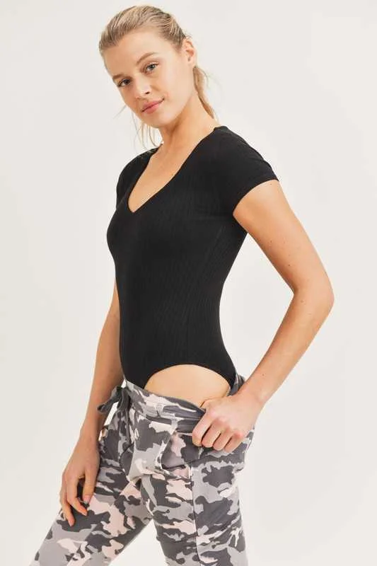Top - Ribbed Scoop Neck Bodysuit Trendy Bodysuit with Back Tie