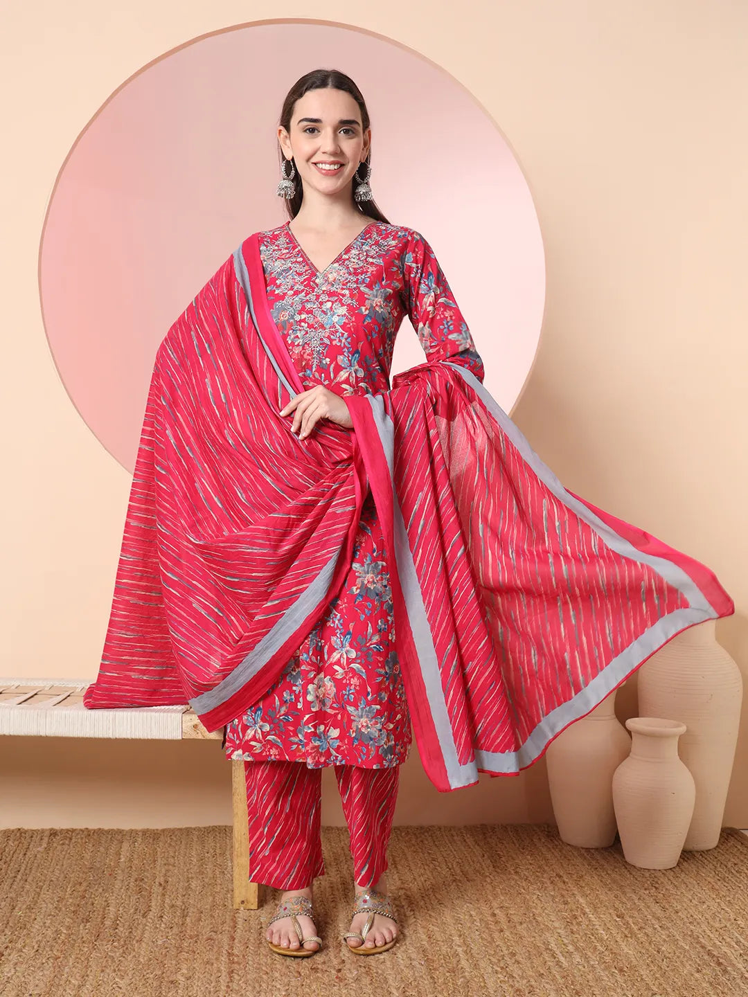 Yufta Pink Pure Cotton Thread_Work Straight Kurta Dupatta Pant Set Classic Straight-Leg Pants
