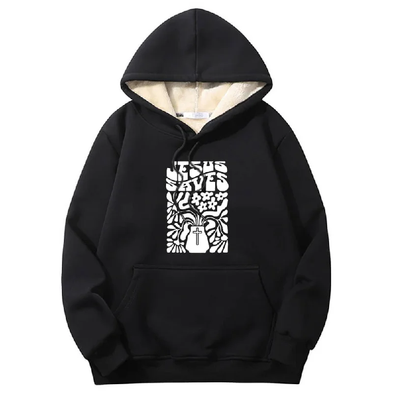 Multicolor Jesus Saves Floral Cross Crew Collar Fleece Hoodie Hoodie with Distressed Vintage Worn