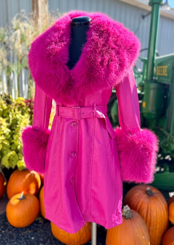 Pink Fur Trimmed Jacket with Vegan Leather Front Pockets Side Pockets Patch Pockets