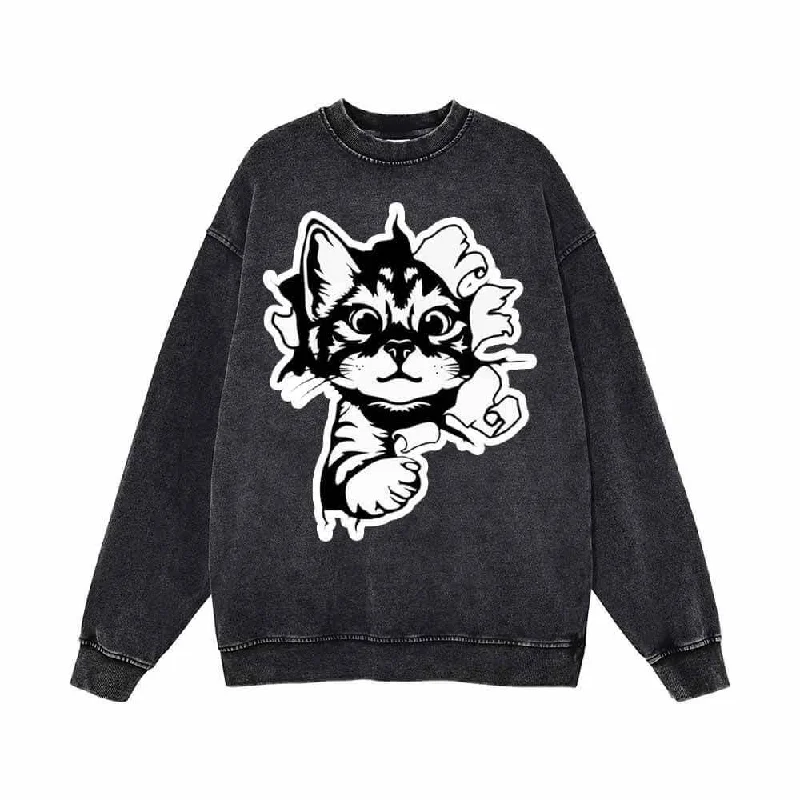 Running Lively Cat On The Wall Vintage Washed Sweatshirt Hoodie with Button Classic Timeless