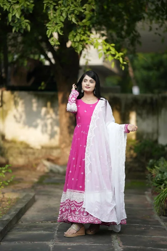 Preksha Creation Faux Georgette Fabric With All over Embroidery Work Women Pink Gown Pant with Dupatta Stretch Fit Pants