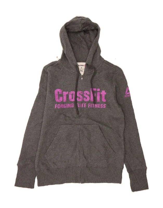 REEBOK Womens Cross Fit Graphic Zip Hoodie Sweater UK 16/18 Large Grey Zippered Buttoned Snapped