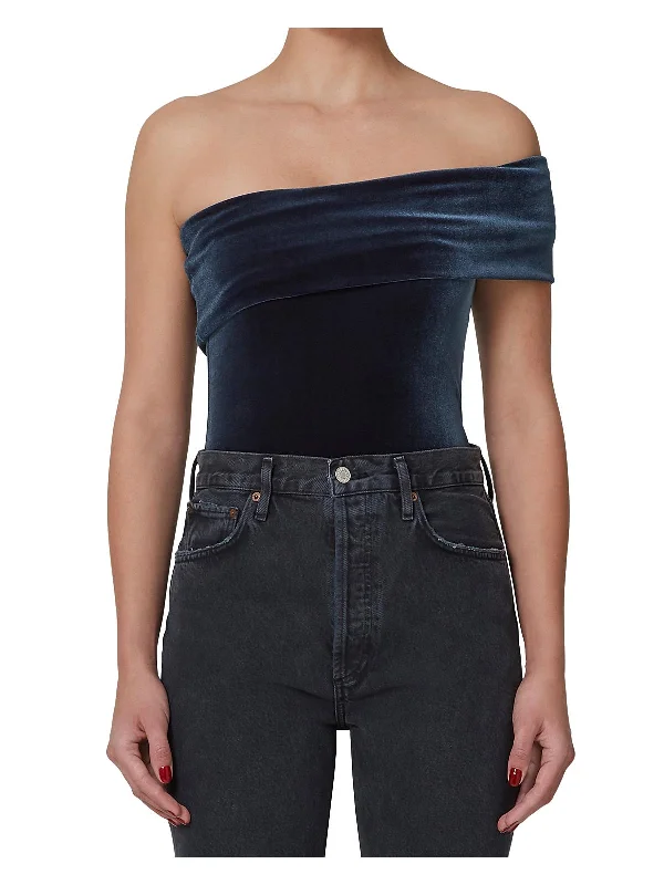 Bree Womens Velvet One Shoulder Bodysuit Fashionable Sleeveless Bodysuit with Buttons