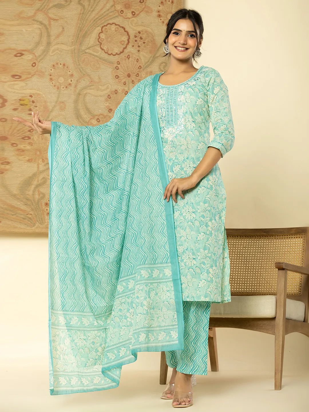 Yufta Pure Cotton Sea Green Floral Embroidery Kurta Dupatta Pant Set Trendy Printed Leggings