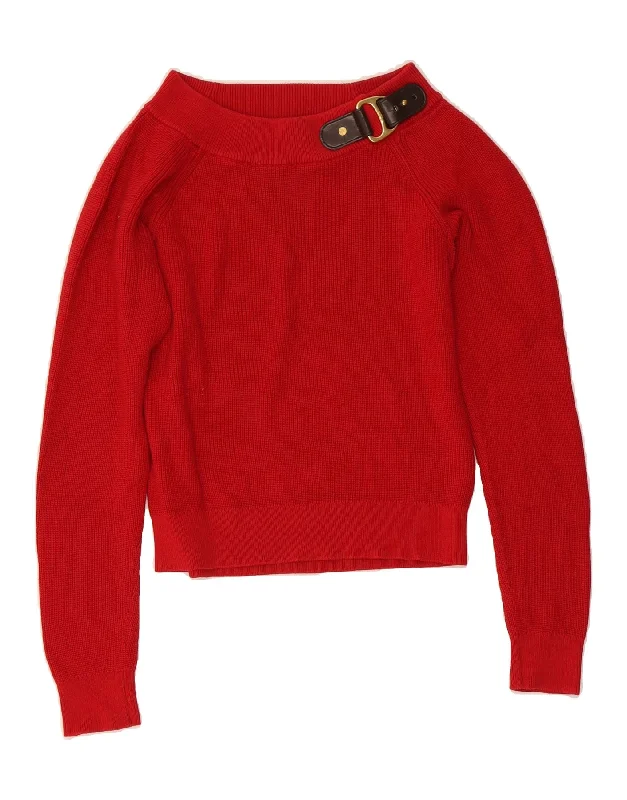 RALPH LAUREN Womens Crop Boat Neck Jumper Sweater UK 10 Small Red Cotton Hooded Caped Shawl Collar