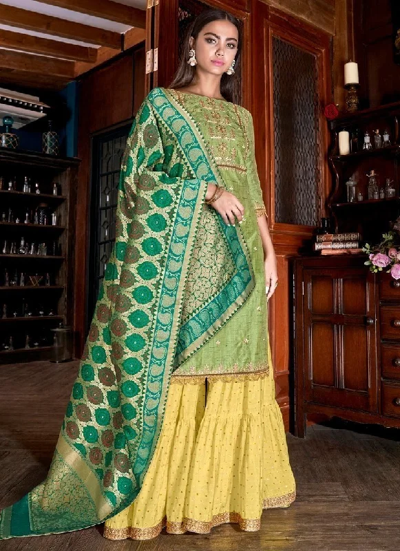 Parrot Green Palazzo style Dress Silk Square Neckline Feminine