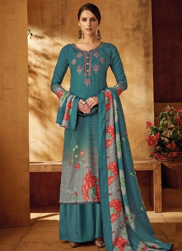 Teal Green Pure Pashmina Jacquard Palazzo Dress Tunics stripes playful