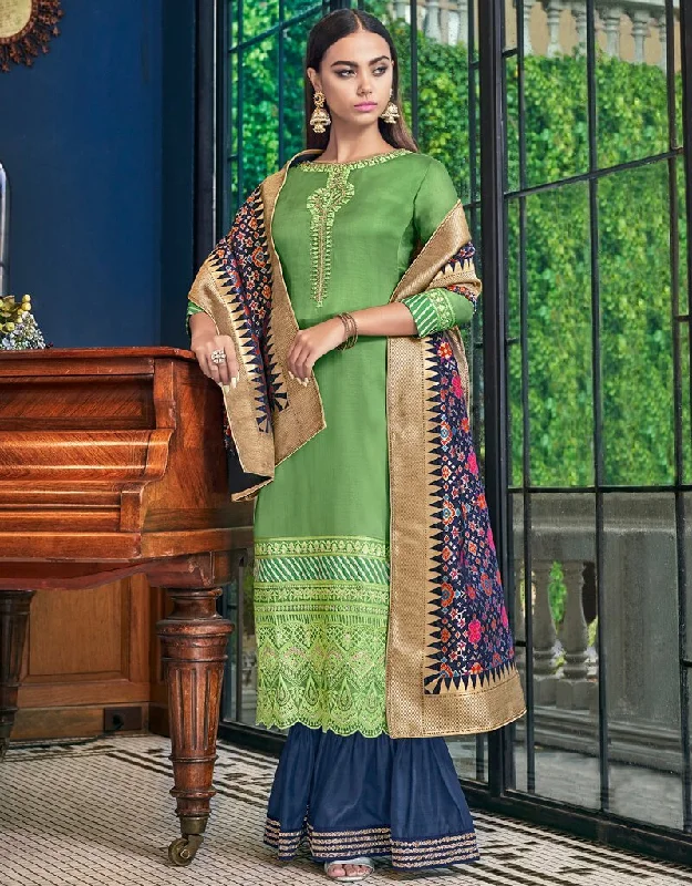 Parrot Green Palazzo style Dress Tussar Satin Off-the-shoulder Chic Trendy