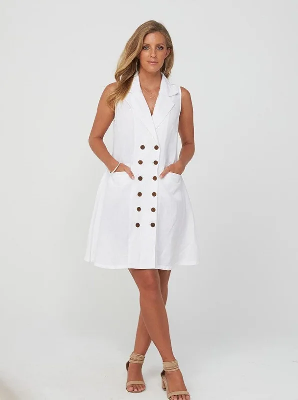 Women's V-neck A-line White Dress  - Roanna Dress