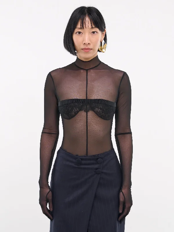High Neck Mesh Bodysuit (SBHL075-BLACK) Elegant Bodysuit with Belted Waist