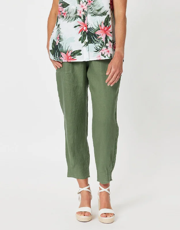 Sarah Rib Waist Linen Pants - Khaki Casual Skinny Fit Pants