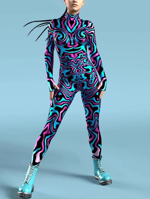 Trippy Tribal-Fractal Bodysuit - Blue & Purple - Skinny Jumpsuit Wear Onesie Doof Costume Elastic Bodysuits Rave Rompers Elegant Bodysuit with Floral Embroidery