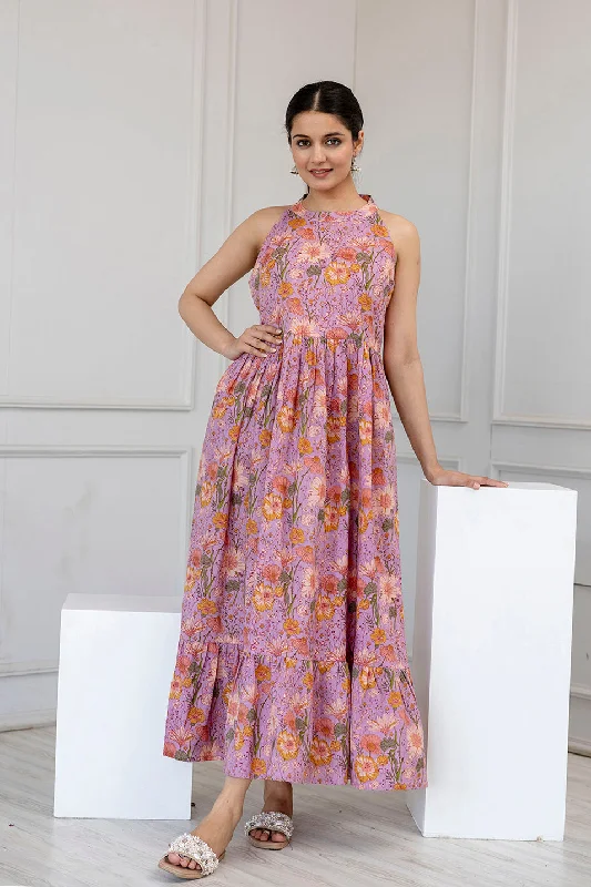 Women Lavender Printed Sleeveless Flared Dress - Rasiya
