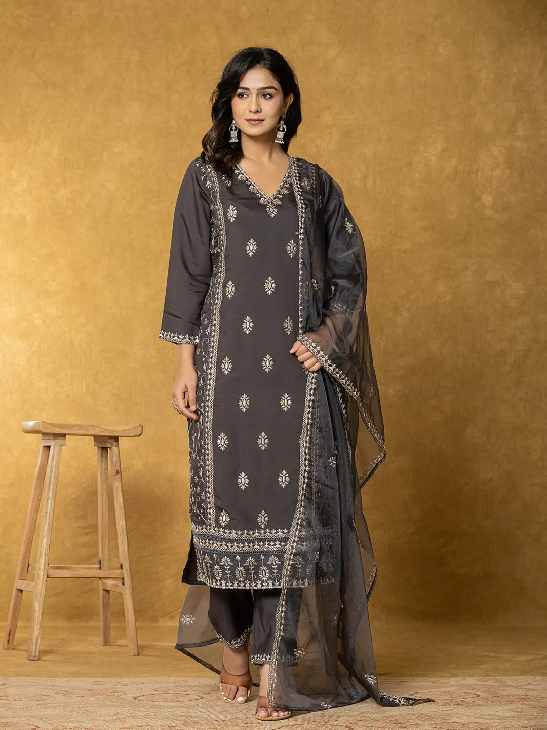 Yufta Grey Silk Kurta Dupatta Pant Set Formal Linen Trousers