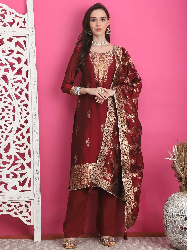 Women's Maroon Silk Jacquard Dress Material - Stylee Lifestyle