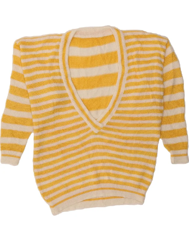 VINTAGE Womens V-Neck Jumper Sweater UK 18 XL Yellow Houndstooth Herringbone Solid