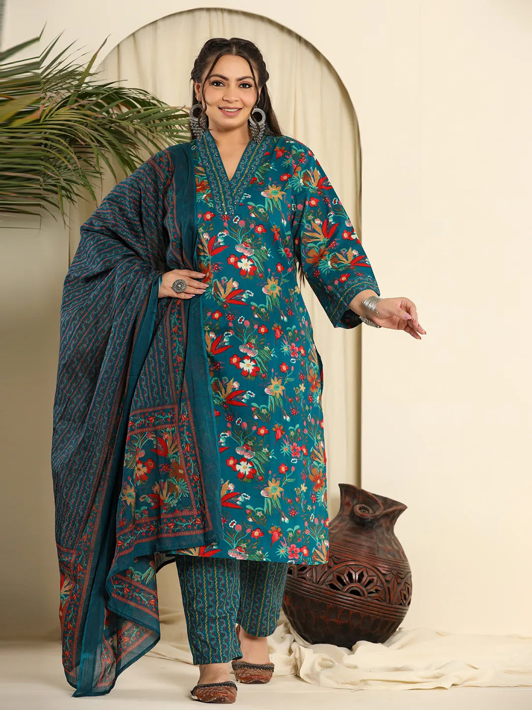 Yufta Navy Blue Pure Cotton Sequins_Work Kurta Dupatta Pant Set With Handwork Relaxed Lounge Trousers