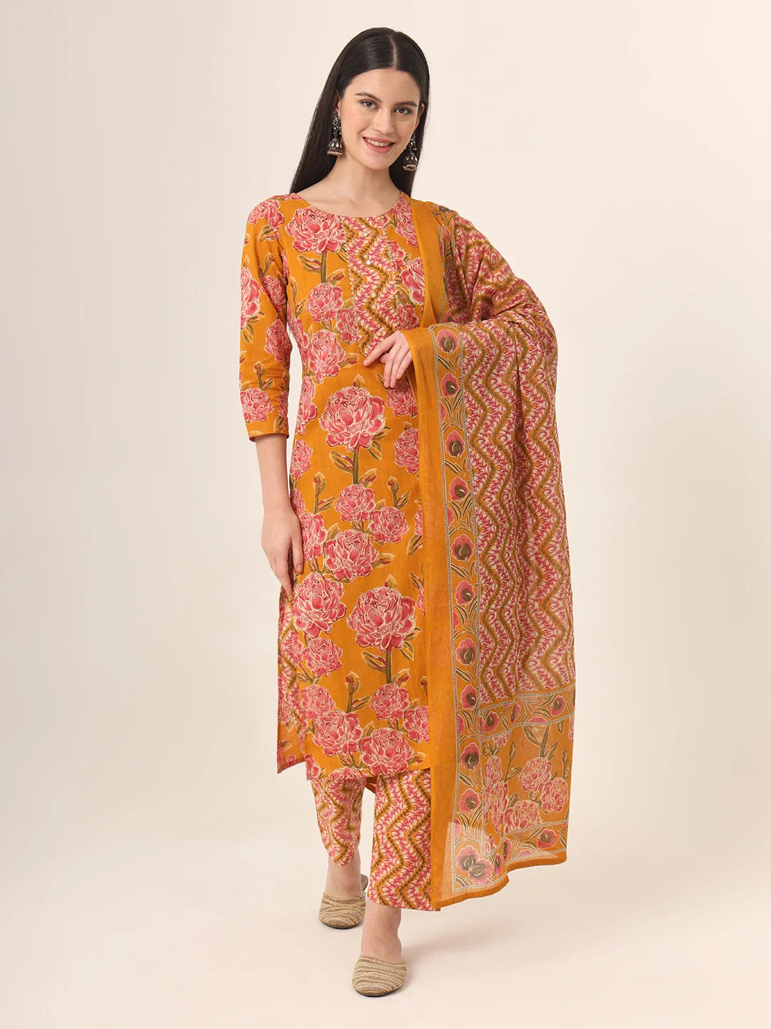 Yufta Mustard Pure Cotton Straight Kurta Pants Dupatta Set Modern Skinny Pants