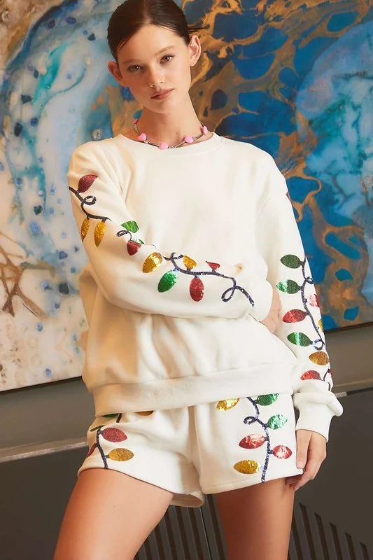 Christmas Lights Fleece Sequin Sweatshirt Zip Hoodie Drawstring Kangaroo Pocket