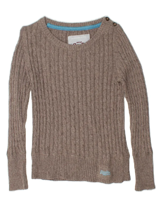 SUPERDRY Womens Boat Neck Jumper Sweater UK 14 Large Grey Flecked Cotton Herringbone Houndstooth Plaid