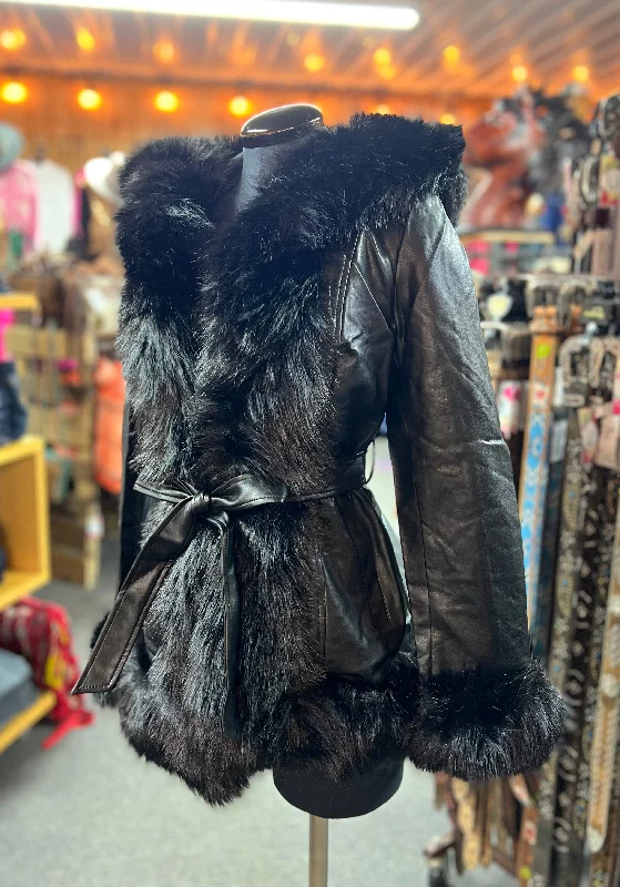 Black Fur Trimmed Jacket Vegan Leather with Belt Quilted Jacket Puffer Jacket Insulated Jacket