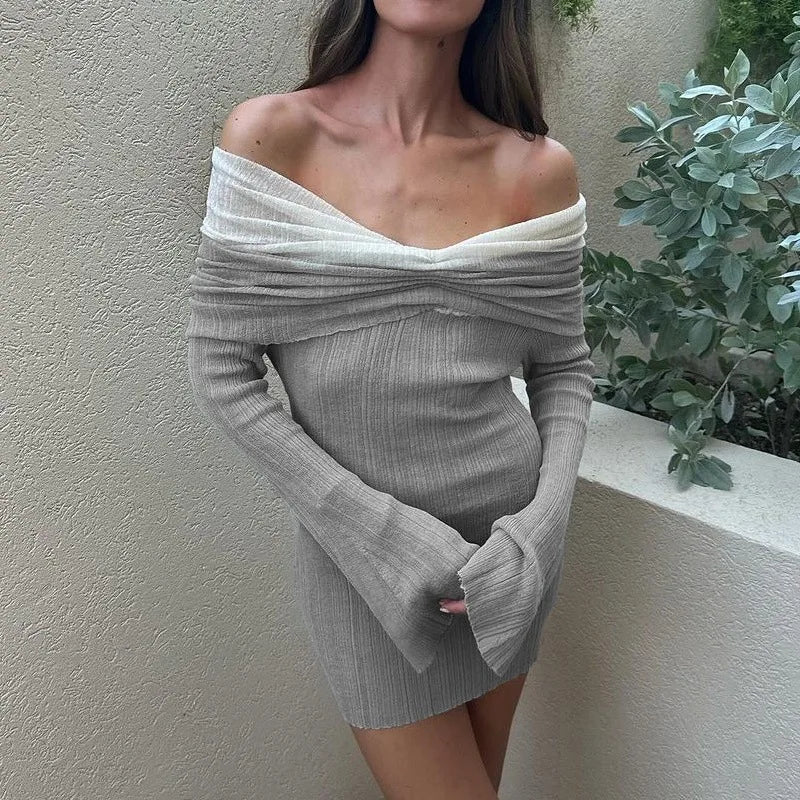TAVIMART  -  Sexy One-Shoulder Color Block Knitted Dress Female Long-Sleeved Slim Thin Sweater Mini Dress Backless Party Club Outfits Beaded Sweater Sequined Faux Fur