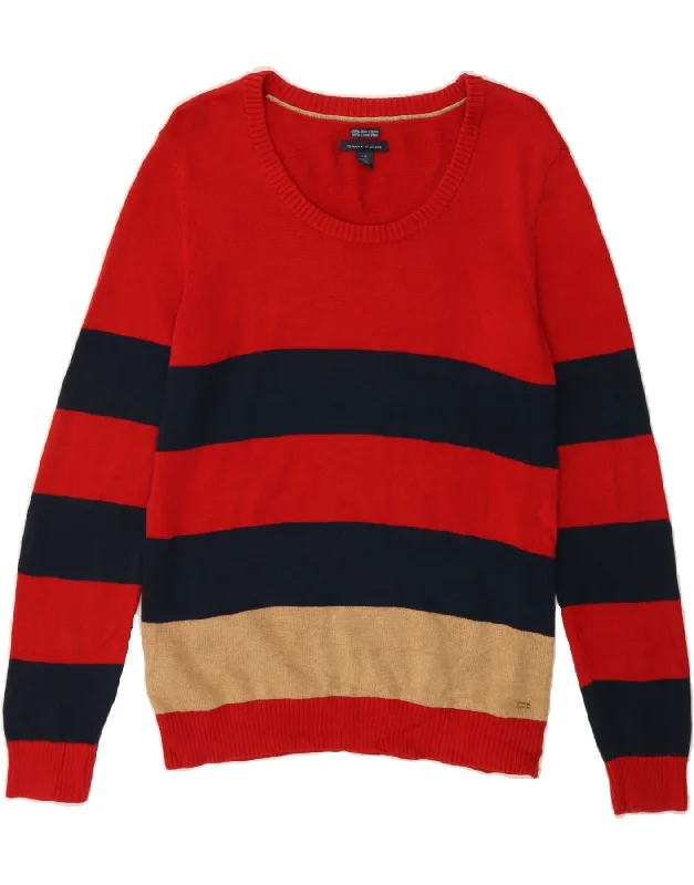 TOMMY HILFIGER Womens Boat Neck Jumper Sweater UK 16 Large Red Striped Thin Thick Dense