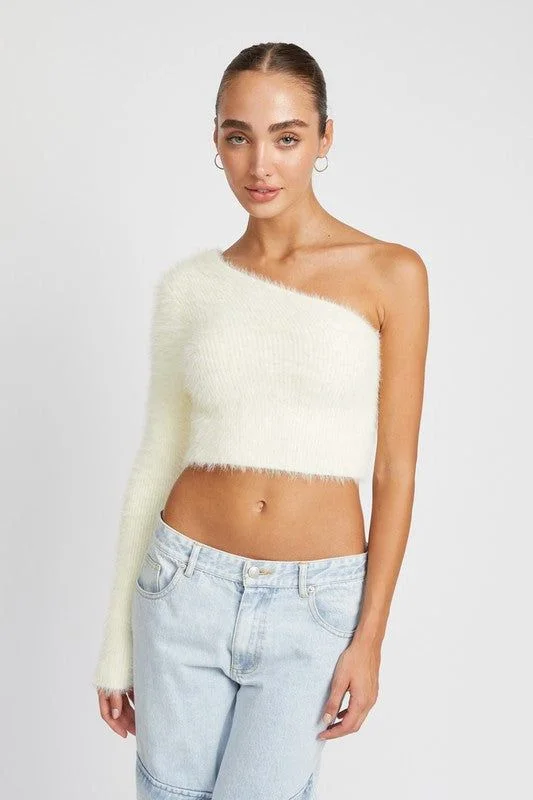One Shoulder Fluffy Sweater Top Mesh Fabric Canvas Fabric Denim Fabric