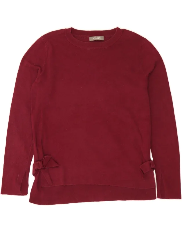 OASIS Womens Crew Neck Jumper Sweater UK 14 Medium Burgundy Cotton Real Fur Shearling Chenille