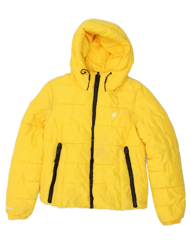 SUPERDRY Womens Loose Fit Hooded Padded Jacket UK 10 Samll Yellow Welt Pockets Slit Pockets Flap Pockets