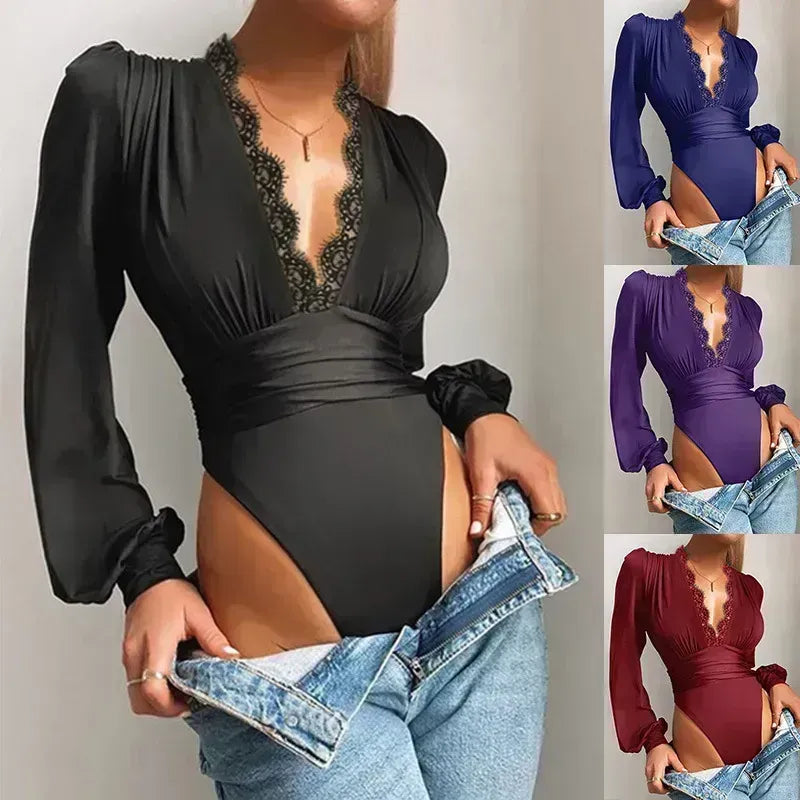 Bodysuit: Women's Lingerie Style  with long sleeve Stylish Plunging Neck Bodysuit