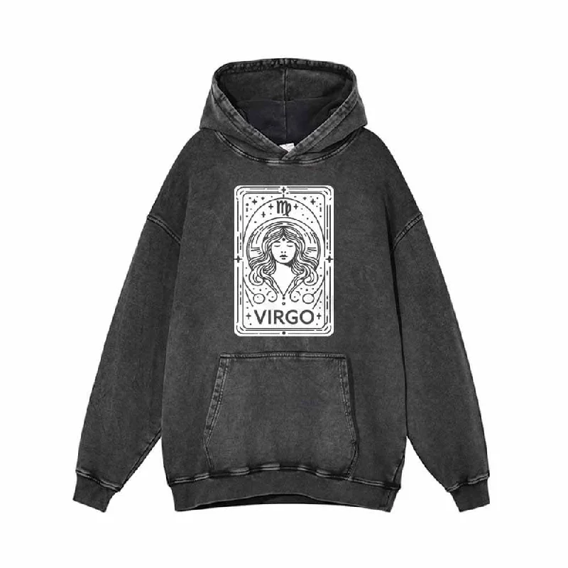 Virgo Tarot Card Horoscope Vintage Washed Hoodie Hoodie with Hem Elastic Stretchable Comfortable