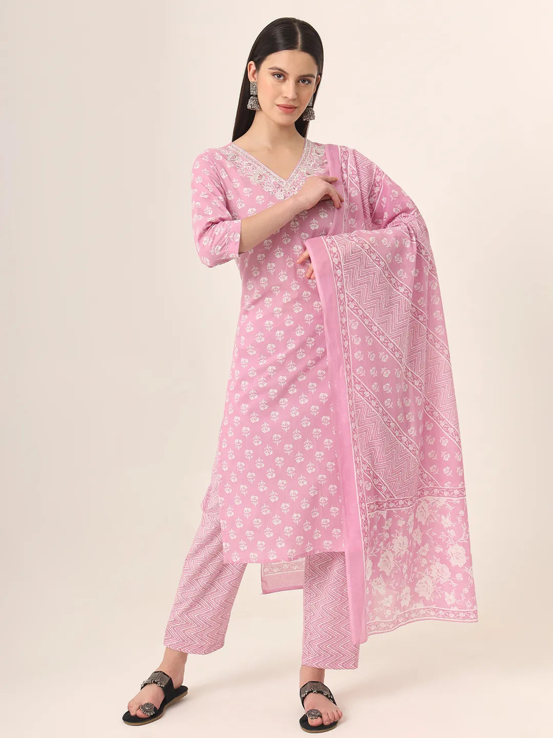 Yufta Pure Cotton Pink Kurta Dupatta Pant Set Formal Wide-Leg Pants