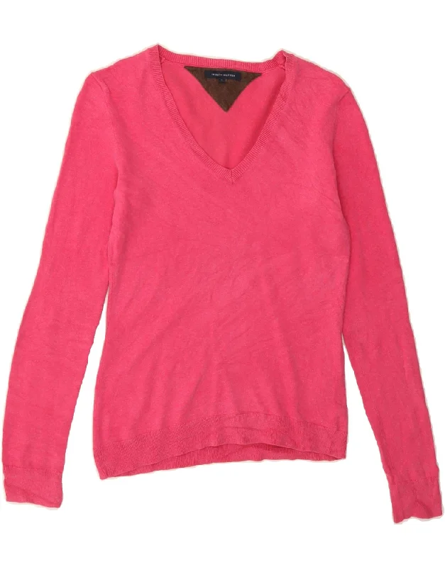 TOMMY HILFIGER Womens V-Neck Jumper Sweater UK 8 Small Pink Cotton Bright Pastel Dark