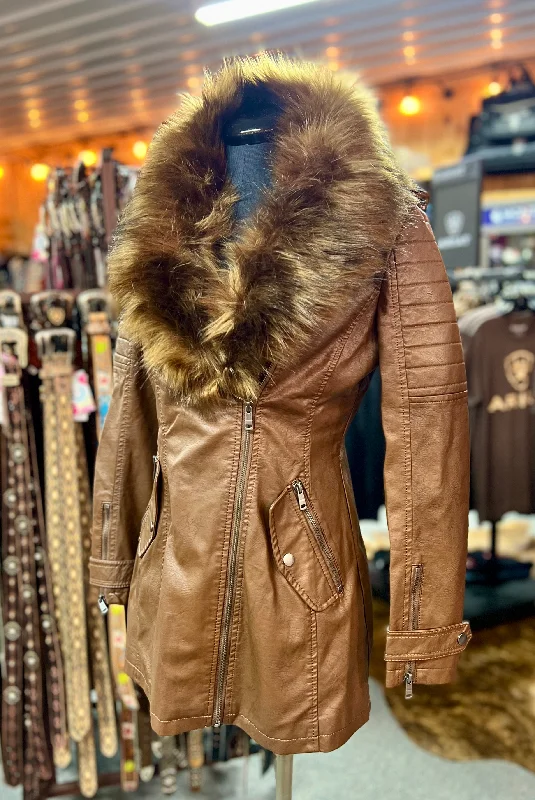 Camel Brown Faux Leather & Fur Trim Jacket Collared Jacket Crew Neck Jacket Turtle Neck Jacket