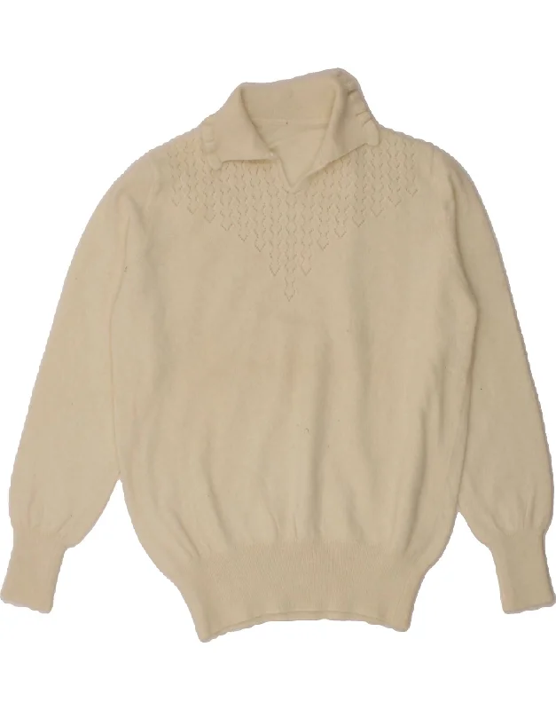 VINTAGE Womens Polo Neck Jumper Sweater UK 14 Medium Off White Wool Knit Fabric Woven Fabric Fleece Fabric