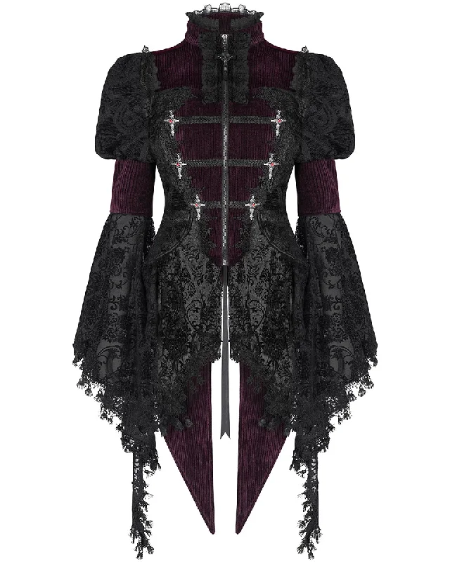Eva Lady Womens Dark Gothic Velvet Split Tail Coat Jacket - Red & Black Satin Fabric Silk Fabric Chiffon Fabric