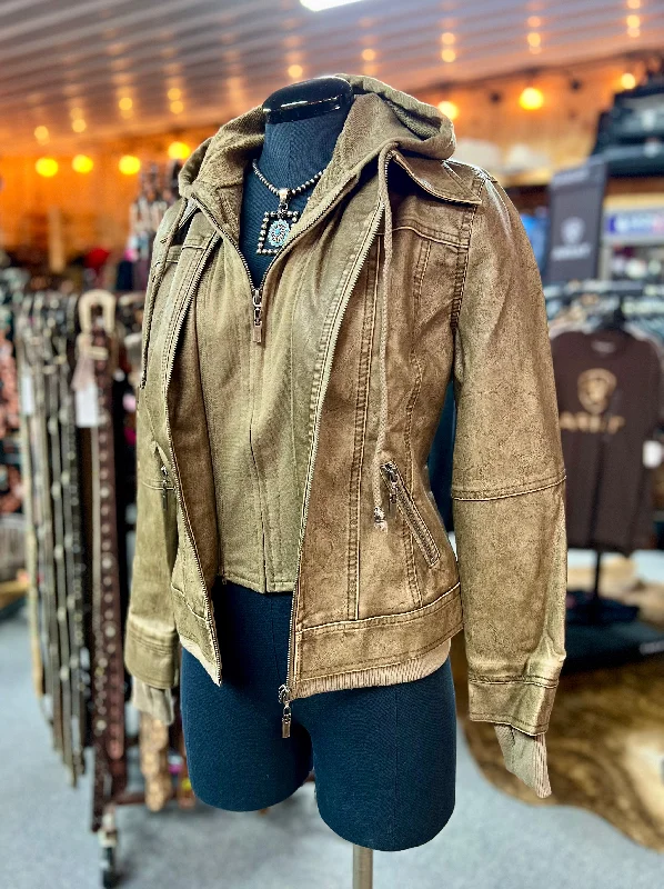 Dark Tan PU Jacket with Hoodie Lace Jacket Ribbed Jacket Sequined Jacket