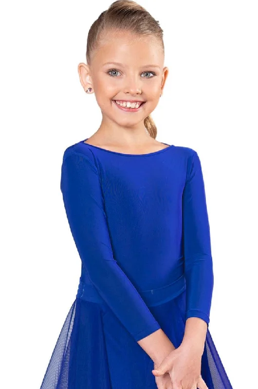 Dance America JR-B2 Girls Regulation Lace, Lycra, or Burnout Velvet Ballroom Dance Bodysuit with Long Sleeves in Stock Trendy Lace-Up Bodysuit