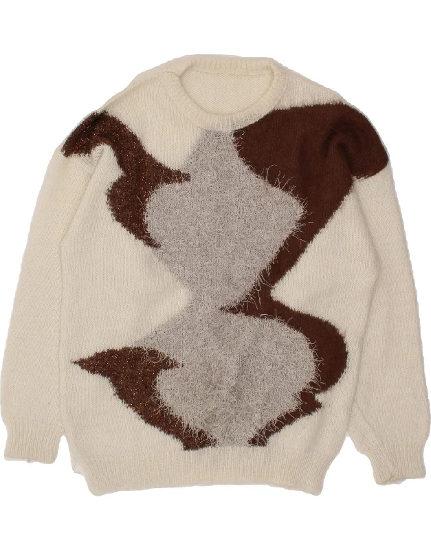 VINTAGE Womens Abstract Pattern Crew Neck Jumper Sweater UK 14 Large White Stylish Fashionable Trendy