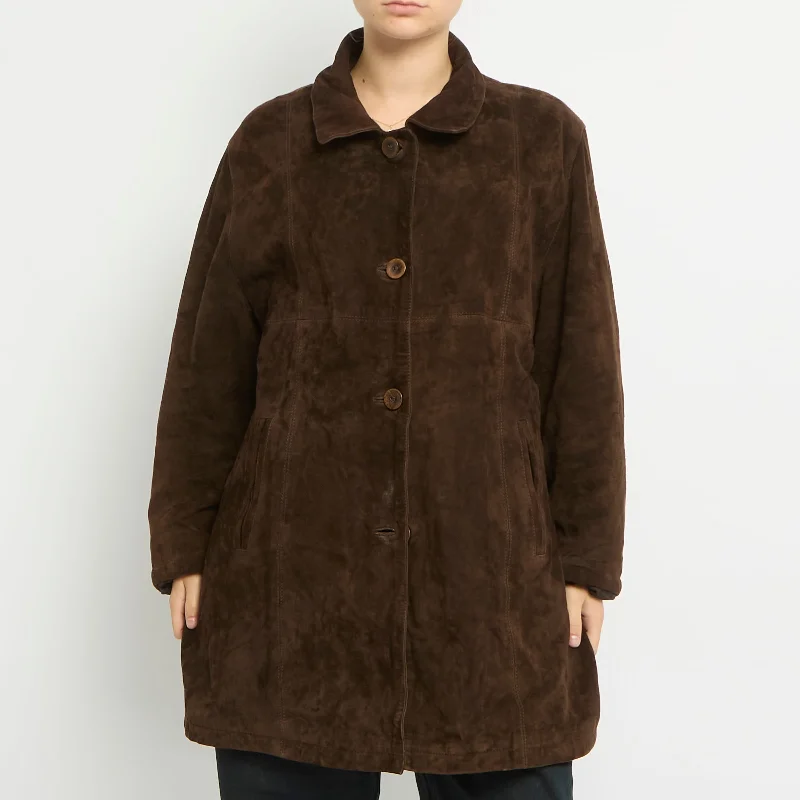 Suede Padded Shirt Style Long Jacket - UK 14 Tailored Jacket Straight Jacket A-Line Jacket