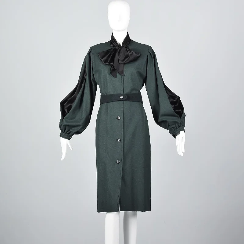 Elegant Galanos Green Wool Dress with Huge Bishop Sleeves