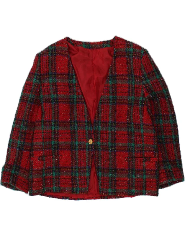 VINTAGE Womens Oversized 1 Button Blazer Jacket UK Large Red Check Acetate Chenille Jacket Brocade Jacket Lace Jacket