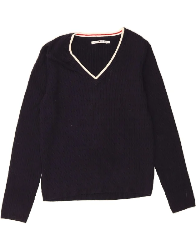 TOMMY HILFIGER Womens V-Neck Jumper Sweater UK 14 Large Navy Blue Cotton Mesh Blend Leather Blend Suede Blend