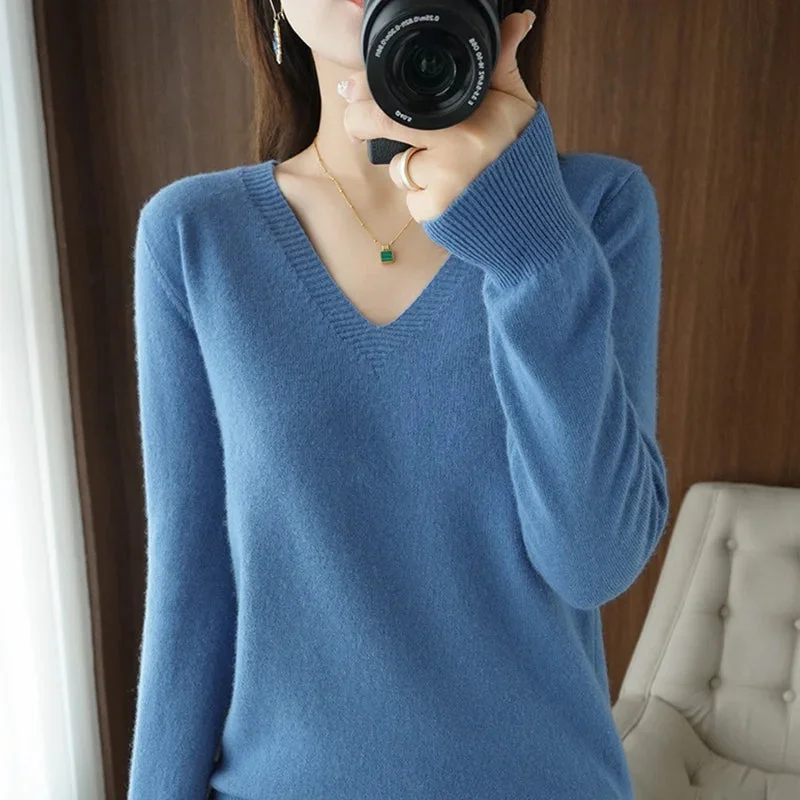 Autumn And Winter Cashmere Sweater New Women's V-neck Pullover Lace Neck Hollow Out Design Casual Knitted Long Sleeve Women's