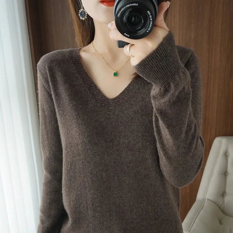 Autumn And Winter Cashmere Sweater New Women's V-neck Pullover Lace Neck Hollow Out Design Casual Knitted Long Sleeve Women's