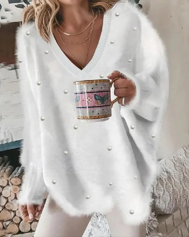 Beaded Decor Long Sleeve Fluffy Top Women Spring Summer Pullover V Neck Pearls Solid Color Loose Fashion Tops Blouse Sweater