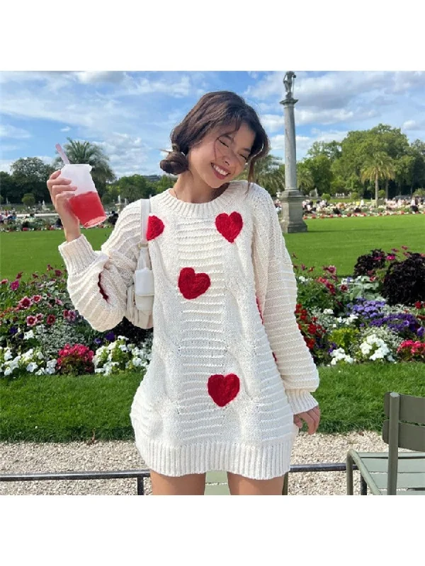 Fall Crew Neck Heart Printed Sweater