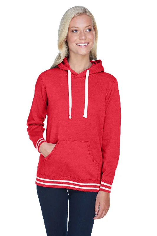 J America Womens Relay Sueded Fleece Hooded Sweatshirt Hoodie - Red/White - Closeout